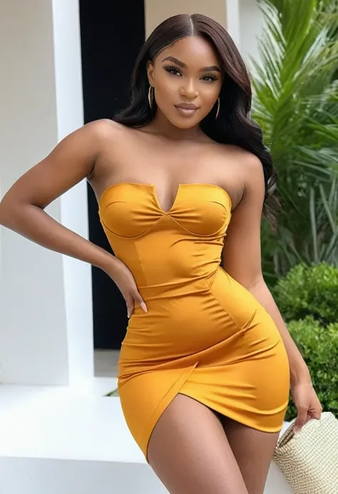 ((high quality:1.2)), work of art, (8k), extremely detailed, ((High detail:1.2)), ((best resolution:1.4)), Solo, 24 years old Angolan female, (tight short dress strapless), (perfect hot body), ((medium photo body)),