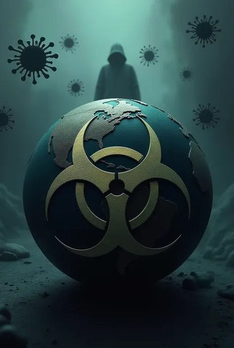 An image depicting the concept of bio-terrorism, showing a dark, ominous globe partially covered in a biohazard symbol. The background features subtle outlines of bacteria, viruses, and other biological agents. A shadowy figure is seen in the background, s...