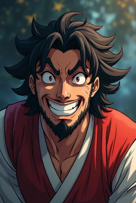 man in anime version,religious good,with scary smile,big hair