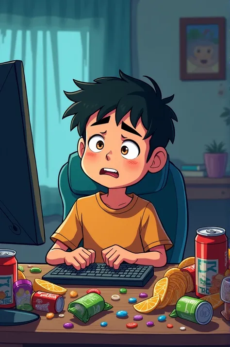 Crie uma charge. 4k hd
*supper*: A boy sitting in front of the computer, surrounded by snacks and with a tired expression.  


---

**Comic 2**:  
*supper*: The boy looking at the computer screen, which is full of open tabs.  


---

**Comic 3**:  
*supper...