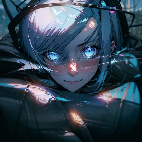 beautiful girl, iridescent blue hair, wearing a black hoodie with cyber neon patterns, wearing cat ear headphones, smiling happily, bright blue eyes, holding a chainsaw, evening, tall buildings, pouring rain, street lights.