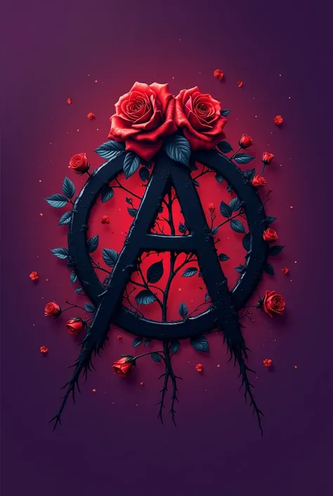 A logo with an anarchic symbol with red roses and purple background
