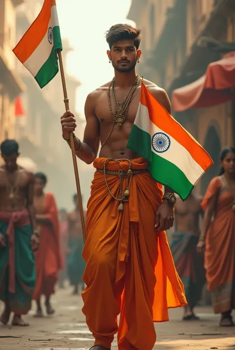 A 21 year old Indian boy no beards keep hand Indian flag 