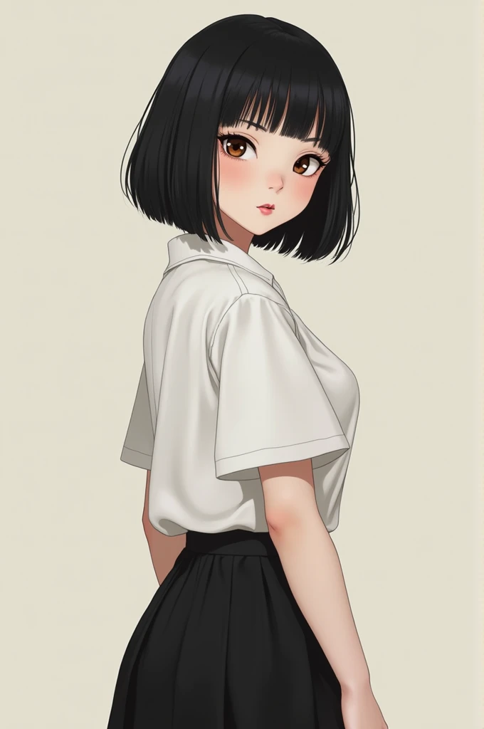 Create a semi-realistic girl , with square face , Wide nose , brown deer eyes , round lips, short fluffy straight black hair , small waist , small breasts , dressed in a short black skirt and a white blouse