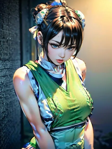 masterpiece、Highest quality、(Realistic:1.4)、(woman、Singlets:2)、(Very short hair、Hair Bun、hair accessory:1.9)、Chun-Li&#39;s Outfit、Street Fighter Chun-Li，(Thigh-mounted holster:1.4)、(Pitch black underground passage:1.4)、(Combat Stance、Spread your legs、Raise...