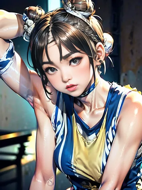 masterpiece、Highest quality、(Realistic:1.4)、(woman、Singlets:2)、(Very short hair、Hair Bun、hair accessory:1.9)、Chun-Li&#39;s Outfit、Street Fighter Chun-Li，(Thigh-mounted holster:1.4)、(Pitch black underground passage:1.4)、(Combat Stance、Spread your legs、Raise...