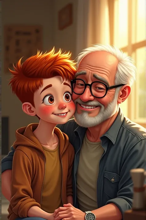 Father&#39;s Day image with red-haired teenager with straight hair and brown eyes, freckles on face and older black man bald and wearing glasses 