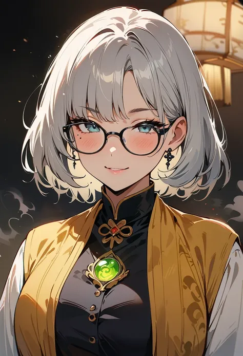 (masterpiece, best quality:1.4), 1 girl, 独奏, Anime style, Black pupil, Blurred eyes, Smile, Black-rimmed glasses, There is a large scar on the right eye, Scars, Right tear mole, Gray super short hair,, large breasts, Vest, steam, Vision, black background.