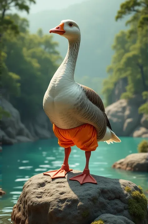 A goose with Hotpants standing on a rock