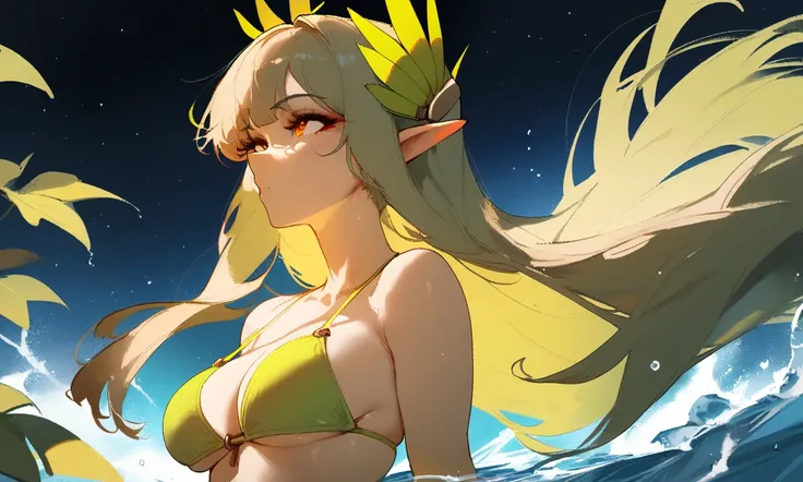 1girl, muelsyse (arknights), arknights  masterpiece, best quality, very aesthetic, absurdres, newest  simple background, space background. lime bikini, greenery, water, orange eyes,elf ears, slim body,///// ,by nyantcha, , cutesexyrobutts,khyle ,,////// 18...