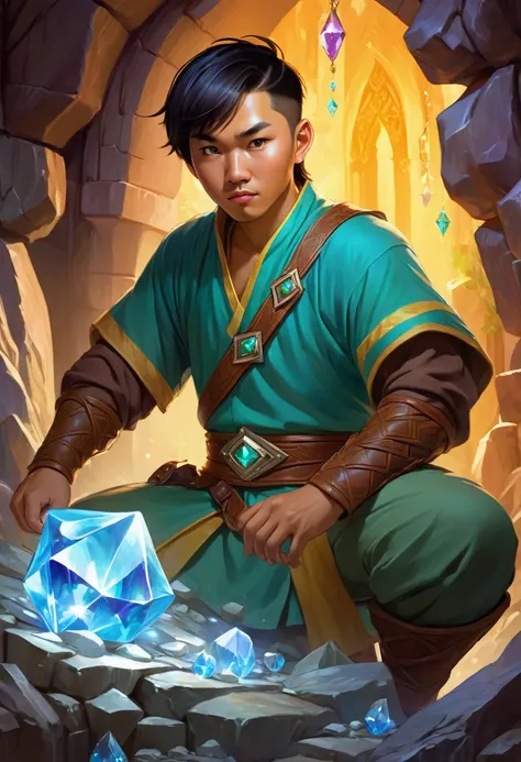 a 27 year old asian malay chinese male, tanned skin, slightly chubby, cute and charming expression, fantasy world, dungeons and dragons, looking at crystal shards, high quality, masterpiece, studio lighting, vivid colors, concept art, digital painting