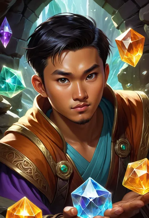 a 27 year old asian malay chinese male, tanned skin, slightly chubby, cute and charming expression, fantasy world, dungeons and dragons, looking at crystal shards, high quality, masterpiece, studio lighting, vivid colors, concept art, digital painting