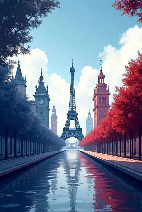 Create a backdrop that resembles the iconic landmarks of Paris, like the Eiffel Tower, Arc de Triomphe, and the Seine River. Blend these landmarks into a stadium-like atmosphere, symbolizing the merging of culture and sports.
Incorporate the colors of the ...