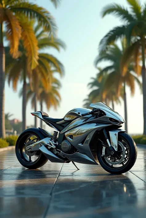 Future motorcycle, palm trees, parking spot 