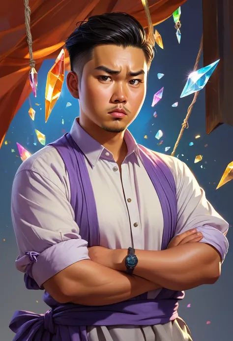 a 27 year old asian malay chinese male, tanned skin, chubby, cute and charming expression, work clothes with tied up sleeves, slightly confused look on face, looking at crystal shards, high quality, masterpiece, studio lighting, vivid colors, concept art, ...