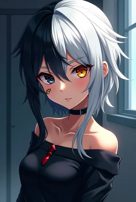 Crie uma imagem de uma personagem para o anime de Highschool dxd, hair an ebony color that faded to pure white, heterochromatic eye of amber and the other is an obsidian black, his skin is a more tanned color and a horizontal scar below his right eye and a...