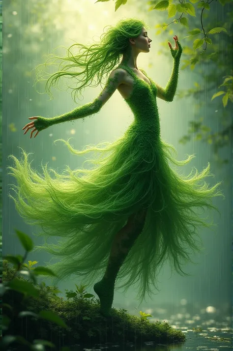 delicate, intricate leaf veins resembling delicate brushstrokes, as tendrils of foliage swirl around the figure, blurring the lines between dancer and environment, against a backdrop of gentle, glistening raindrops