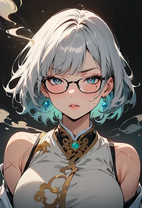 (masterpiece, best quality:1.4), 1 girl, 独奏, Anime style, Dark gray pupils, Blurred eyes, Black-rimmed glasses, Large scars on the face, Large scars, Right tear mole, Gray short hair style,, large breasts, White vest, steam, Vision, black background.