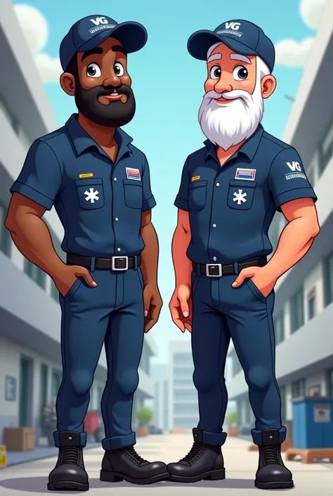 Two air conditioning technicians stand side by side, representing a company. In half-realistic cartoon mode. Both men have beards. The first one is dark-skinned, and the second one is white. They are wearing dark blue caps and t-shirts of the same color., ...