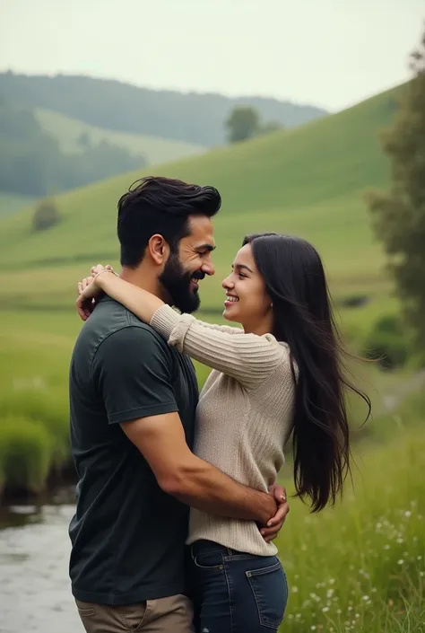 A photo of father ( Bblack hair, sem beard, ) and daughter ( Youngh, long black hair, age 28 ) having fun , in the countryside where they live 