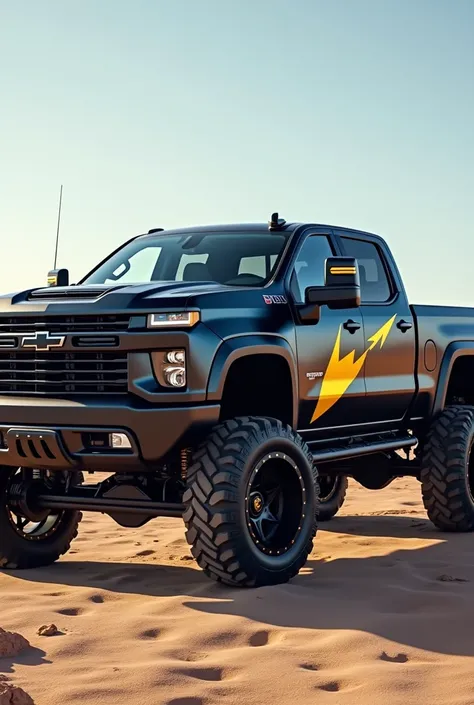 A stunning illustration chevrolet silverado 6x6 wheels, customized with a unique shield blue and yellow shield on the door. The vehicle is painted in military black mate, giving it an aggressive and rugged appearance. The image captures the SUVs powerful p...