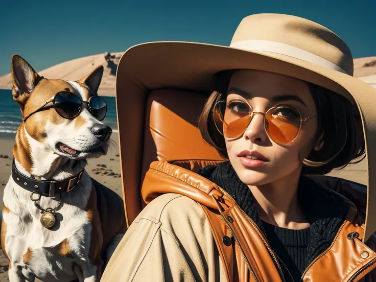 The best mobile wallpaper, Award-winning wallpaper, Portrait Photography, In front view is a portrait of a dog wearing 1960s mid-century space-age fashion, Side view shot, Shot with Canon EOS R5, Setting a stark contrast that accentuates the subject, Fluor...