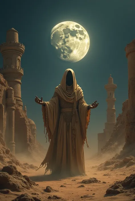 4k highly detailed realistic digital extremely high quality RAW photograph, dark arabian fantasy in the style of hp lovecraft, highly detailed sand golem he have Saturn planet in his hands moonlit desert ruins, dynamic light, matte painting, dynamic angle,...