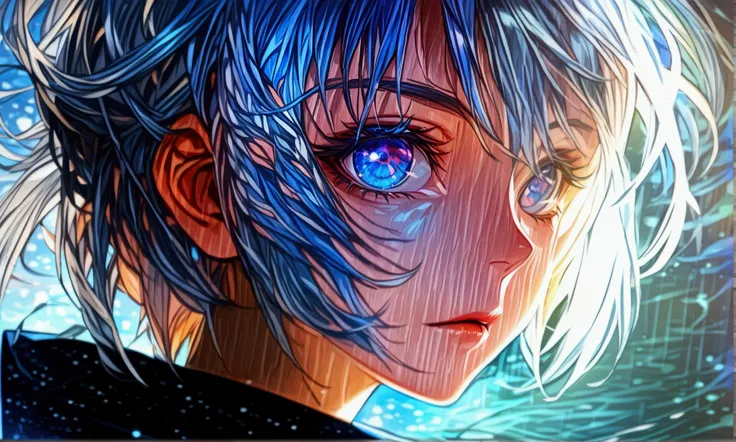 Large eye with space iris, outer space fuse, "Intricate anime character design inspired by One Piece, stunning lighting, centered character, stunning face, creative details, ultra-fine 2D design, scenery bathed in creativity, boasting 4K 2D anime resolutio...