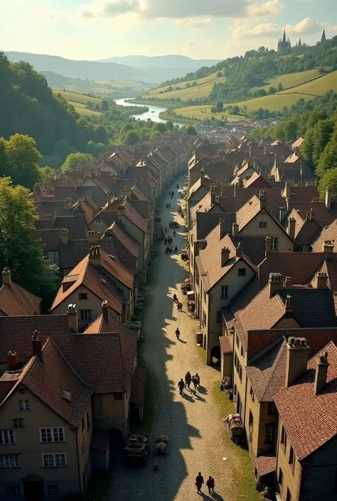 (photorealism:1.2), aerial view of Villeconin in the 16th century.