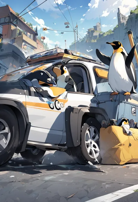 A penguin commanding a car 