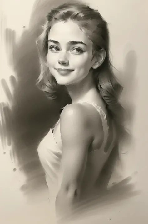 a charcoal drawing of a 20 years old Monroe, detailed face, smiling, head and shoulders portrait, flower background, one girl, solo, in the style of Andrew Loomis, Norman Rockwell, old master drawings and prints, expressive character, masterpiece, charcoal...