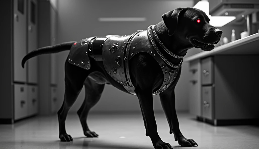 (Black and white:1.5) retro-futuristic photo of a bio-mechanical Rottweiler, half biological, half high-tech implants, metallic spine and glowing eye, poised for attack, full body, stark laboratory setting, (dramatic chiaroscuro lighting:1.4), low angle sh...