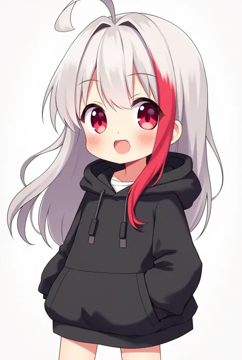 Chibi anime girl with long white hair with a red lock and red eyes wearing a very cheerful black hoodie 