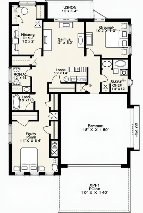 T-shaped house plan with 8 rooms distributed along a main living room
