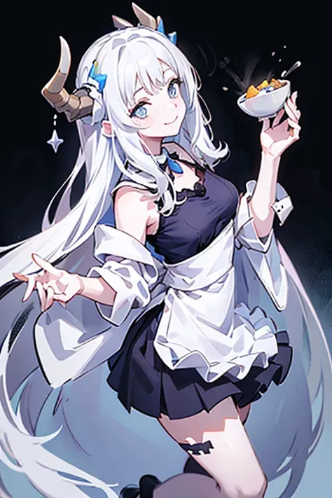 portrait, maid costume，white apron， white demon horns，white hair，blue eyes，smile，long hair，black，half body，fingers without defec...