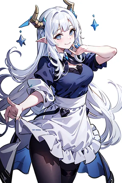 portrait, maid costume，white apron， white demon horns，white hair，blue eyes，smile，long hair，black，half body，fingers without defec...