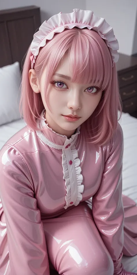 Bust up shot、(masterpiece,Highest quality,Ultra-high resolution),Japanese women, Bob hair with bangs、Maids headband、(((Very beautiful 25 year old girl))),(Metallic pink long sleeve latex maid outfit)、((Metallic pink mermaid type latex long skirt))、(A long-...