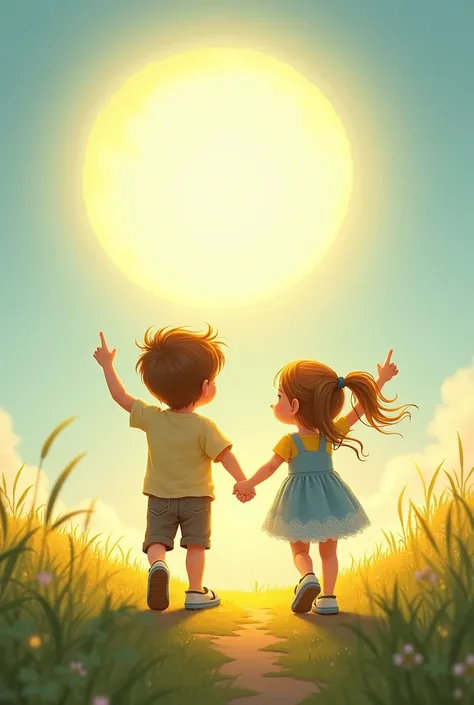 Two Kids holding their hands walking and I pointing sun with their fingers 