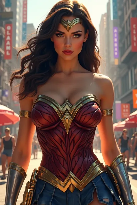 Wonder woman perfeck face, walking in the city, wearing a t-shirt ,beautiful background 