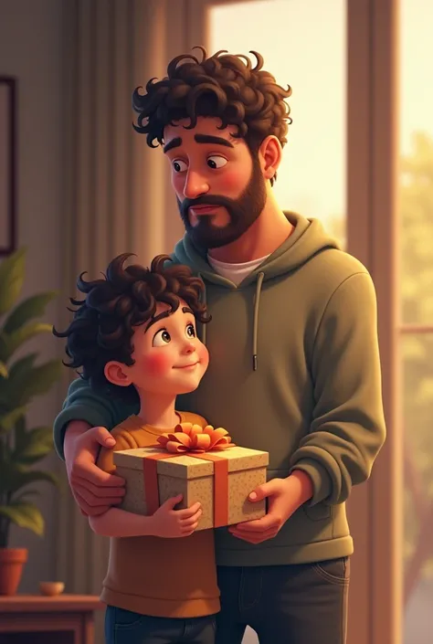 Make a Father&#39;s Day image. The father and a son with curly hair, the son giving his father a box with the words "Sarah Novaes, art of aromas"