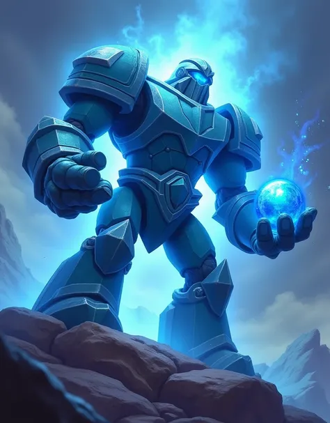 close up of a giant, blue crystal standing on a rock, haver Saturn in you hand,golem, stone golem, fantasy hearthstone art style, blizzard hearthstone concept art, 4k, hogh detailed, a protection Golem with energy aura 