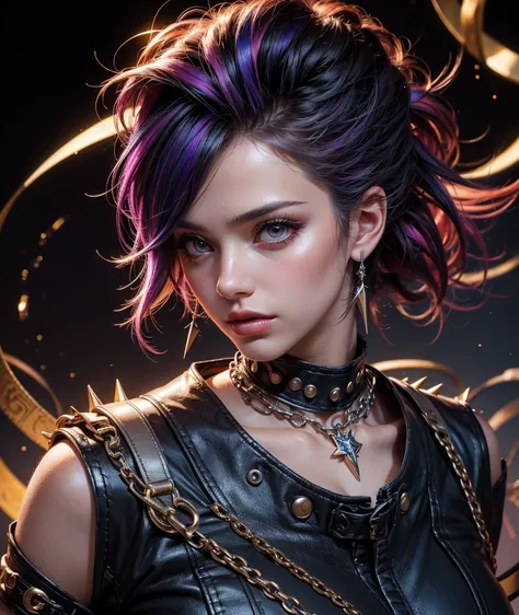 Professional:1.6 model girls, (最high quality, 4K, 8k, High resolution, masterpiece:1.2), Ultra-detailed, Realist, Punk Style, Punk Fashion, ((Upper body portrait)), Spiked clothing, Chain Accessories, Rebel pose, Mohawk Alto,  Flashy rainbow hair, Nervous ...