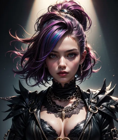 Professional:1.6 model girls, (最high quality, 4K, 8k, High resolution, masterpiece:1.2), Ultra-detailed, Realist, Punk Style, Punk Fashion, ((Upper body portrait)), Spiked clothing, Chain Accessories, Rebel pose, Mohawk Alto,  Flashy rainbow hair, Nervous ...