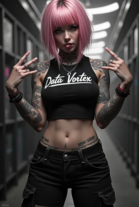 (photorealism:1.2) Make the image as real as possible. Pay attention to every single aspect of detail.

Beautiful woman with swept bangs. Her hair is short and her hair color is pink with blonde highlights. She has on a black top that reads ‘Data Vortex’ w...