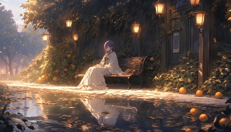 A poignant scene featuring a lone figure seated on a weathered bench in a tranquil, deserted park during twilight. The park is surrounded by fallen leaves and old, neglected pathways, symbolizing the remnants of a past love. The sky is a mix of deep purple...