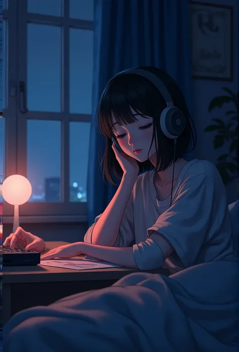 night、Girl listening to music in a cozy room, Use headphones, 2D Style Anime, Lo-Fi, hard disk, Dark Environment、Looks sleepy