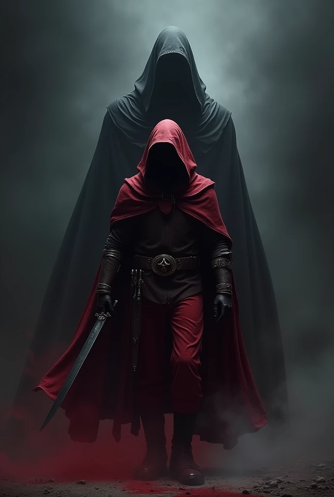 Wearing dark red armor，Wearing a black mask，Holding a black short blade，Wearing a cloak like the night，There is a huge phantom figure behind