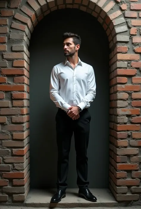 A man standing in wall with black touser snd and white shirt 