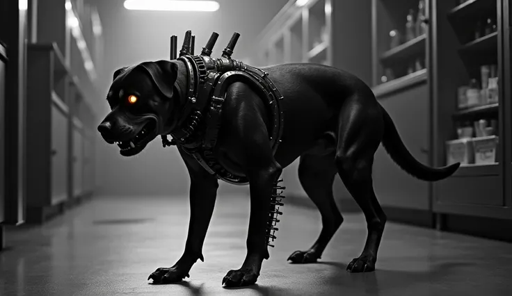 (Black and white:1.5) retro-futuristic photo of a bio-mechanical Rottweiler, half biological, half high-tech implants, metallic spine and glowing eye, poised for attack, full body, stark laboratory setting, (dramatic chiaroscuro lighting:1.4), low angle sh...