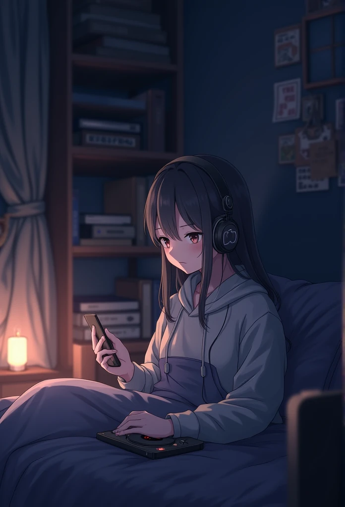 night、Girl listening to music in a cozy room, Use headphones, Anime Style, LoFi, hard disk, Dark Environment、Looks sleepy